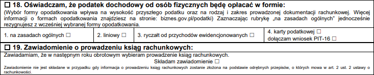 Założenie działalności gospodarczej przez Internet - 18. Oświadczam, że podatek dochodowy od osób fizycznych będę opłacać w formie oraz 19. Zawiadomienie o prowadzeniu ksiąg rachunkowych