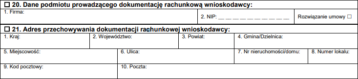 Założenie działalności gospodarczej przez Internet - 20. Dane podmiotu prowadzącego dokumentację rachunkową wnioskodawcy oraz 21. Adres przechowywania dokumentacji rachunkowej wnioskodawcy