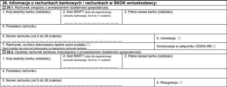 Założenie działalności gospodarczej przez Internet - 26. Informacje o rachunkach bankowych / rachunkach w SKOK wnioskodawcy