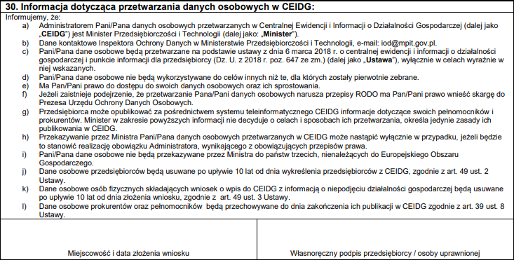 Założenie działalności gospodarczej przez Internet - 30. Informacja dotycząca przetwarzania danych osobowych w CEIDG