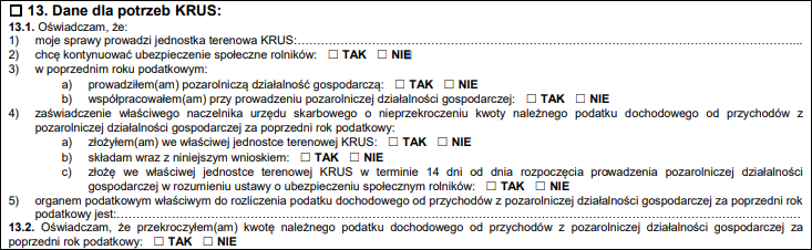 Założenie działalności gospodarczej przez Internet - 13. Dane dla potrzeb KRUS